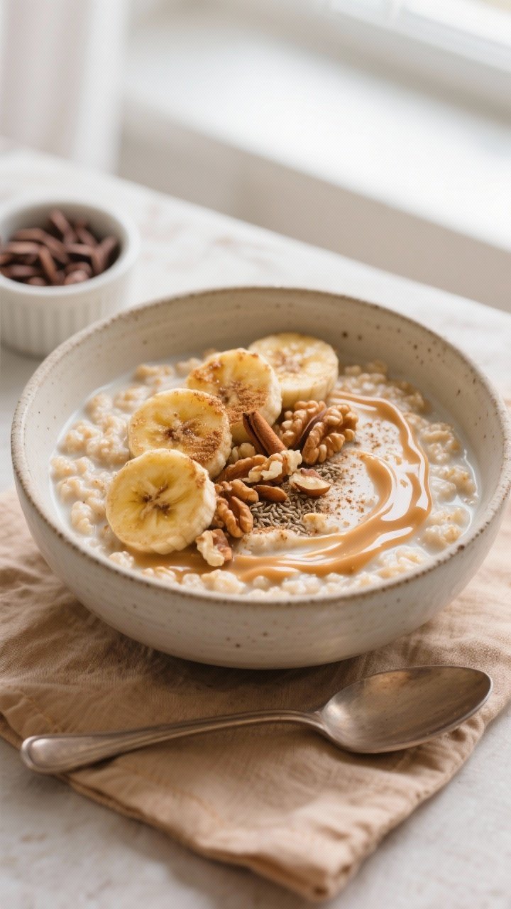 Overhead “tasty top view”: Bowl of creamy caramelized-banana oatmeal made with almond milk, cust