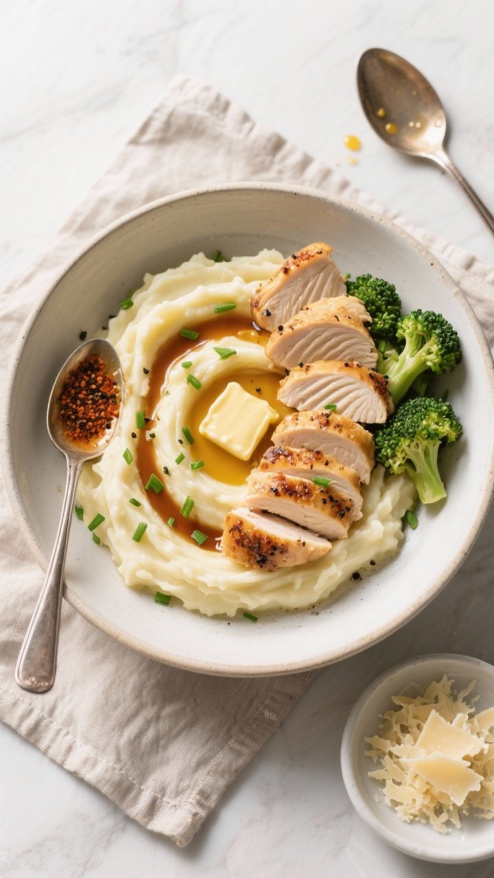 Overhead “tasty top view”: Build-your-bowl scene showing a large bowl of ultra-smooth mashed pot