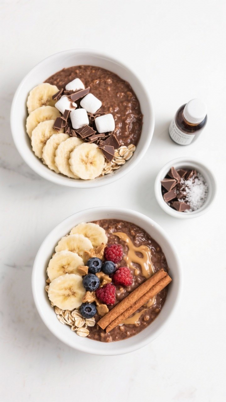 Overhead tasty top view, customizable toppings: Top-down shot of two bowls of Hot Cocoa Oatmeal show