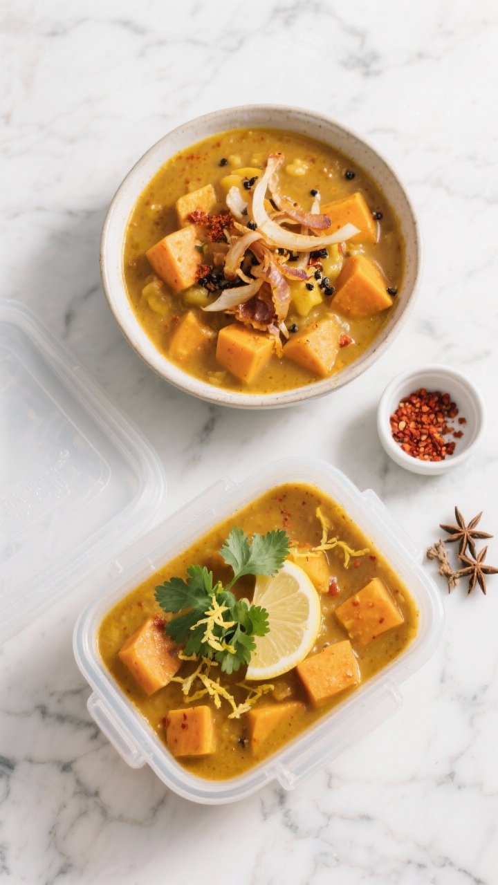 Overhead “tasty top view” for meal-prep vibes: Flat-lay of two bowls and one storage container f