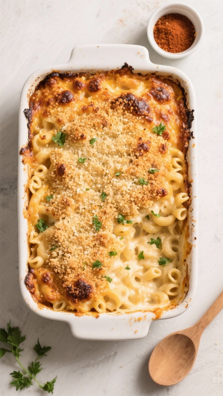 Overhead tasty top view: Freshly baked mac and cheese in a 9x13 casserole right out of the oven, eve