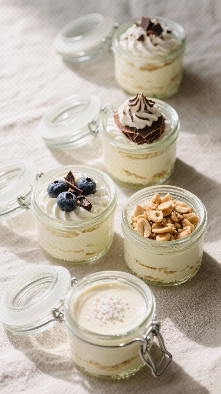 Overhead tasty top view: Meal-prep lineup of four chilled mousse portions in small glass jars, lids