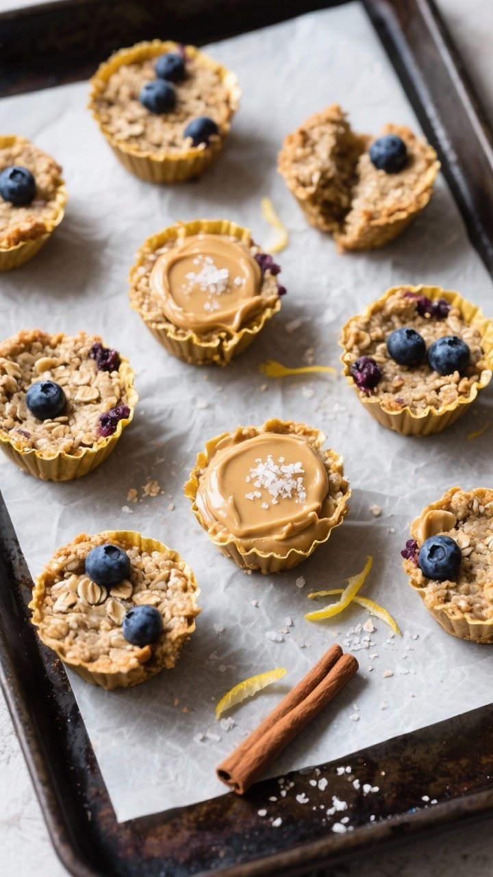 Overhead “tasty top view” of 6–8 snack cups arranged on parchment over a dark sheet pan, some 