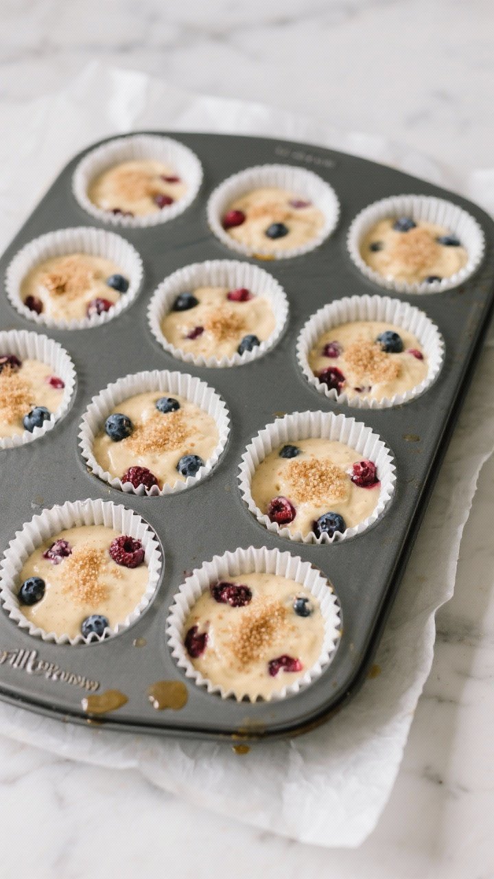 Overhead “tasty top view” of a 12-cup muffin tin filled 3/4 with batter during the “Fill the c