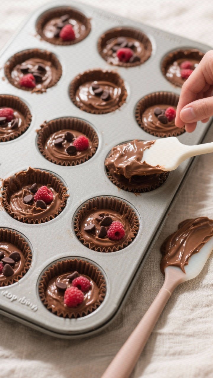 Overhead “tasty top view” process shot: Mini muffin tin filled 3/4 full with thick, scoopable ch