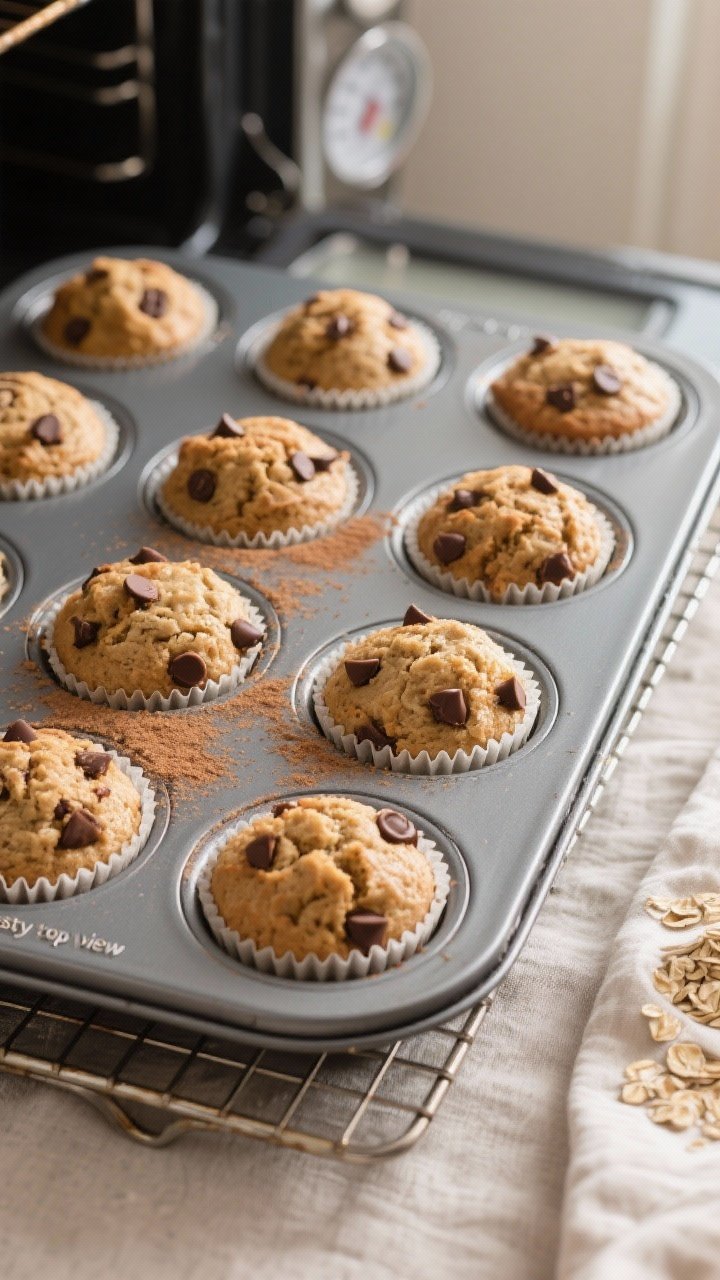 Overhead “tasty top view” shot: A 12-cup muffin tin just out of the oven, each well holding dome