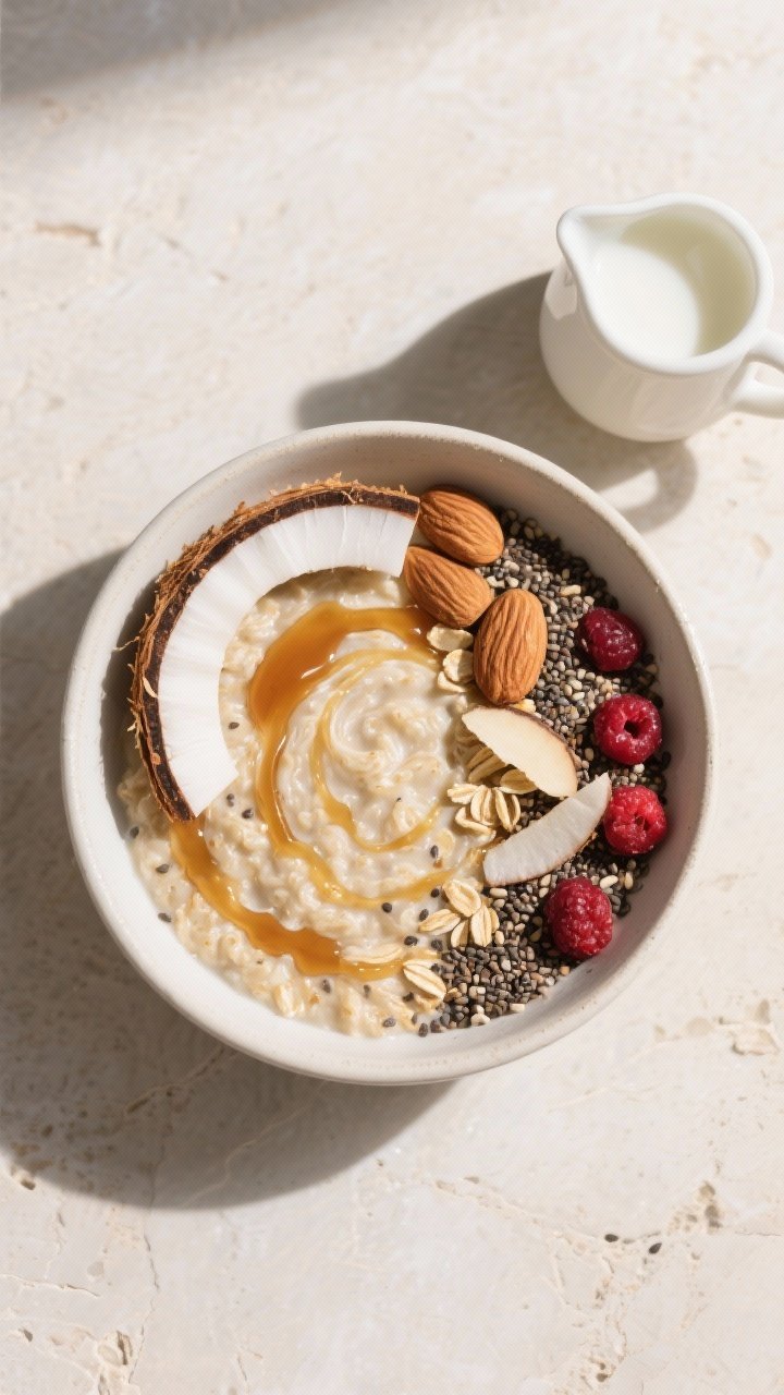 Overhead “tasty top view”: Top-down shot of a Coconut Almond Oatmeal Bowl showing distinct compo