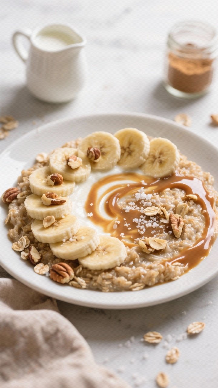 Overhead tasty top view: Top-down shot of the finished Salted Caramel Banana Oatmeal showing the oat