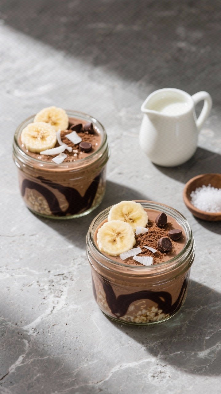 Overhead tasty top view: Two 12–16 oz jars of finished Mocha Latte Overnight Oats arranged on a co