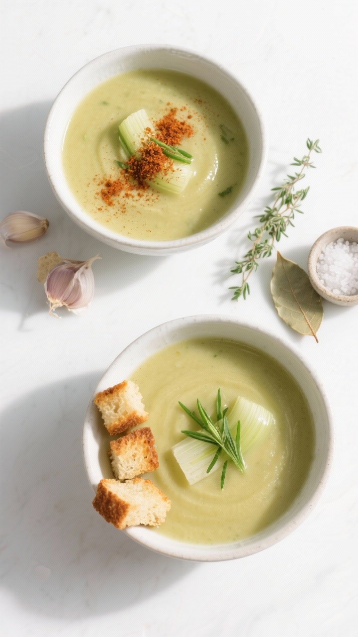 Overhead tasty top view: Two bowls of finished potato–leek soup with chive garnish, accompanied by