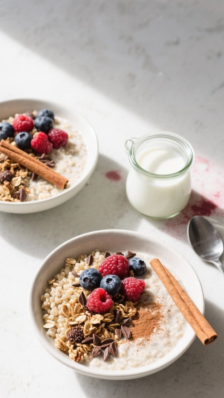 Overhead top-view meal-prep scene: An overhead shot of two prepared oat–quinoa breakfast bowls and