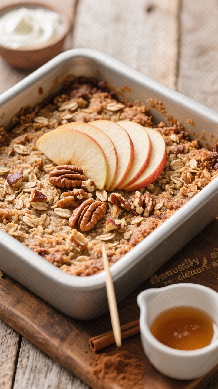 Overhead top-view of the oat bake in an 8x8 pan right after resting, topped with a neat fan of thin 
