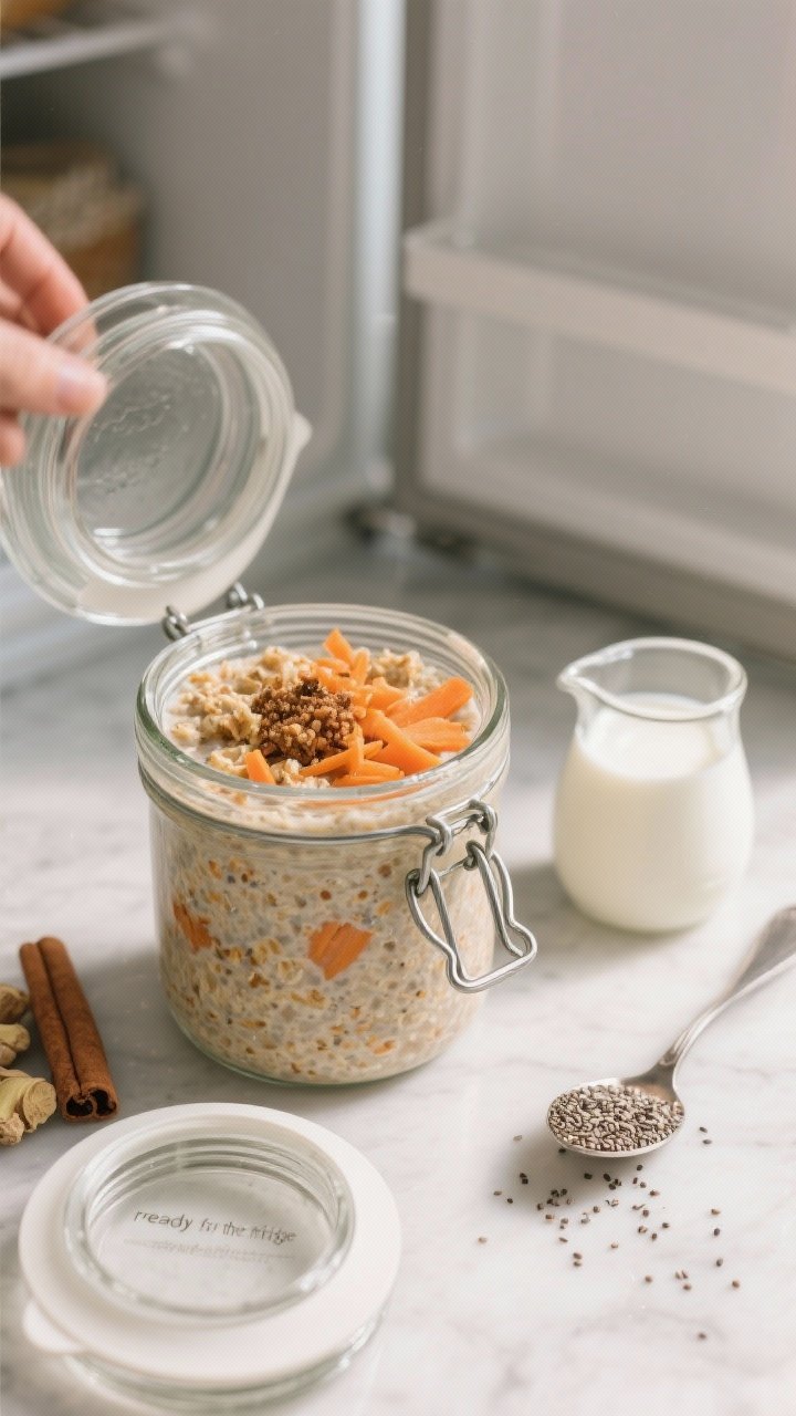 Process moment (prepared food focus): The set “ready for the fridge” scene—an open jar filled