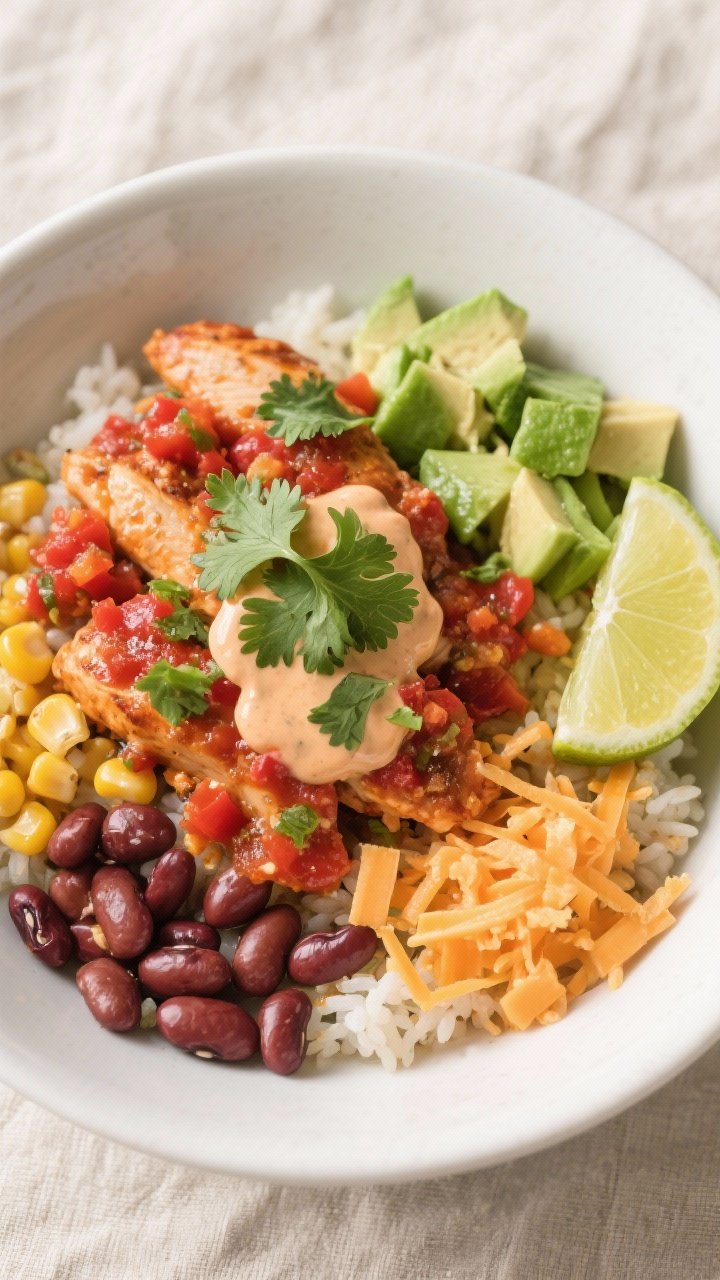 Tasty top view, bowl presentation: Overhead shot of a burrito bowl featuring the finished salsa chic