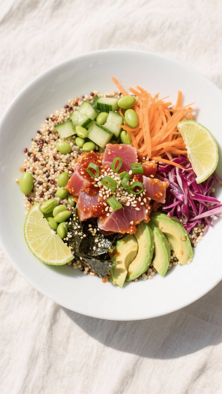 Tasty top view final dish: Overhead shot of Spicy Tuna and Quinoa Power Bowl—ring of tri-color qui