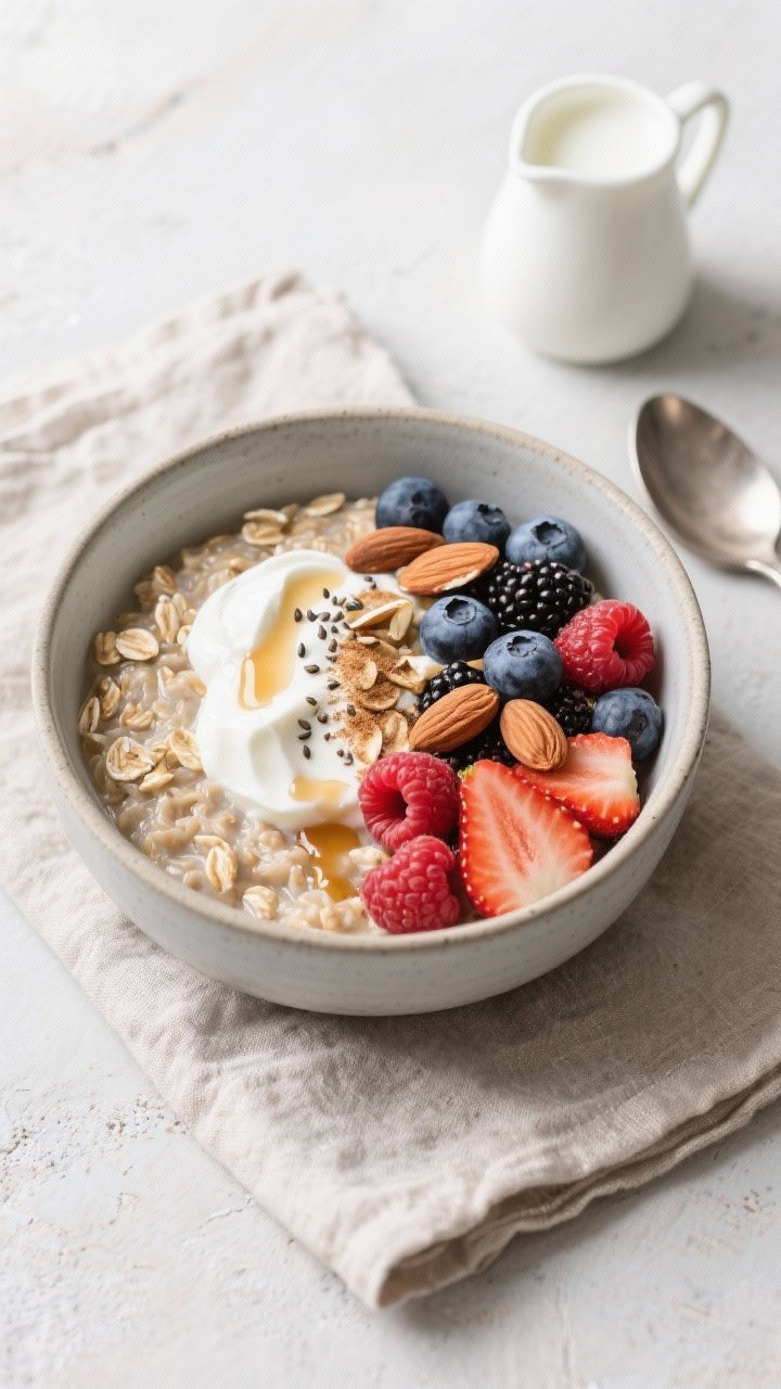 Tasty top view final presentation: Overhead shot of Berry Almond Oatmeal with Greek Yogurt in a wide