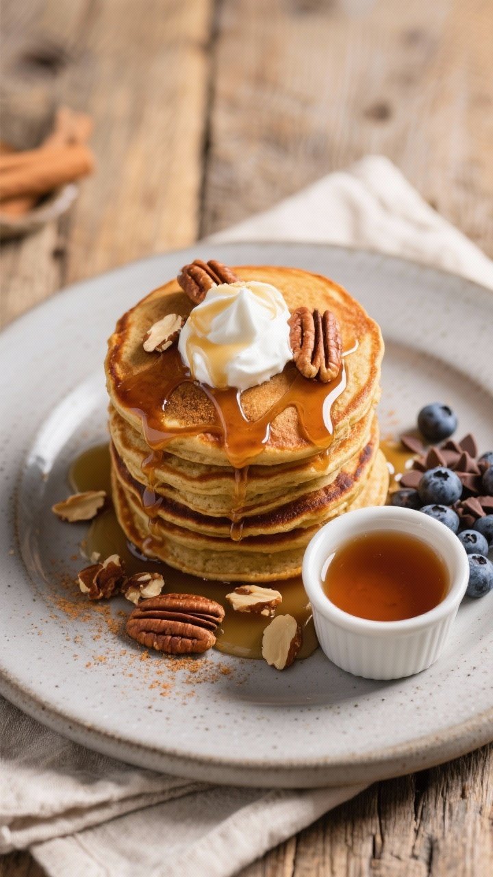 Tasty top view final presentation: overhead shot of a brunch plate featuring a tall stack of almond 
