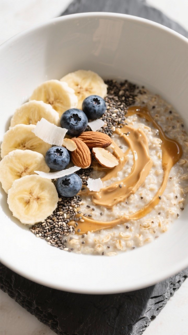 Tasty top view final presentation: Overhead shot of the finished Vanilla Chia Oatmeal with an artful