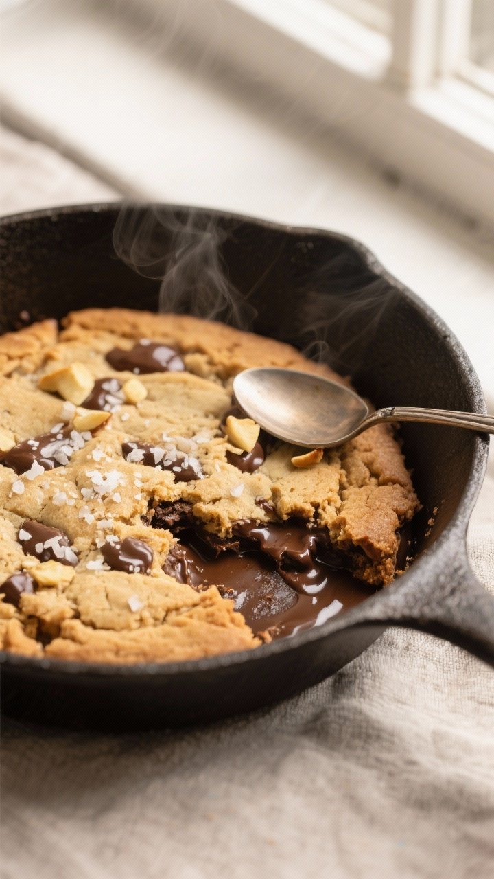 Tasty top view — just-baked protein cookie skillet straight from the oven: overhead shot capturing