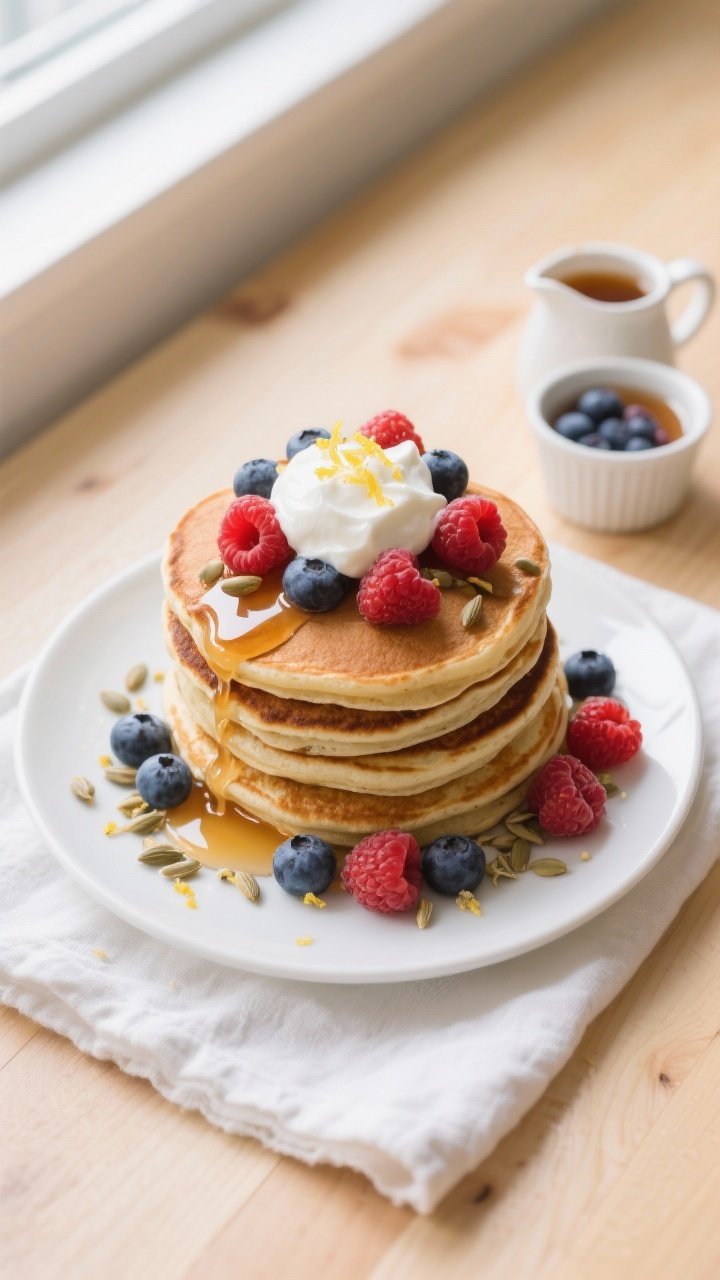 Tasty top view, overhead composition: Overhead shot of a high stack of High Fiber Berry Protein Panc