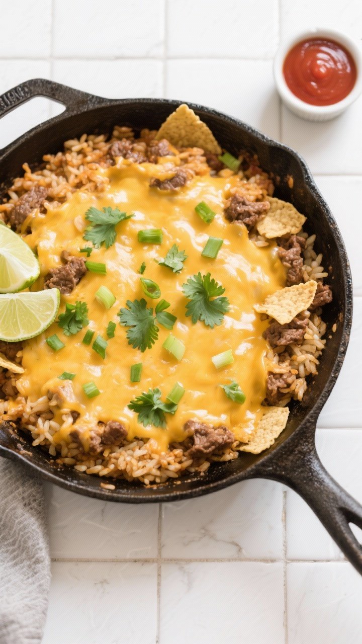 Tasty top view, overhead: Fully melted 5-Ingredient Cheesy Taco Rice Skillet in-pan, cheese blanket