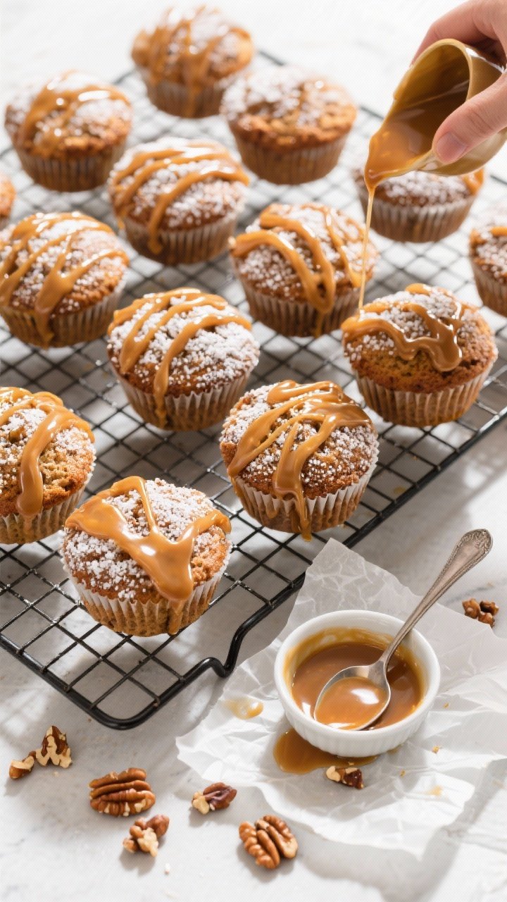 Tasty top view, overhead: Overhead shot of 12 cooled muffins on a wire rack being zigzag-drizzled wi