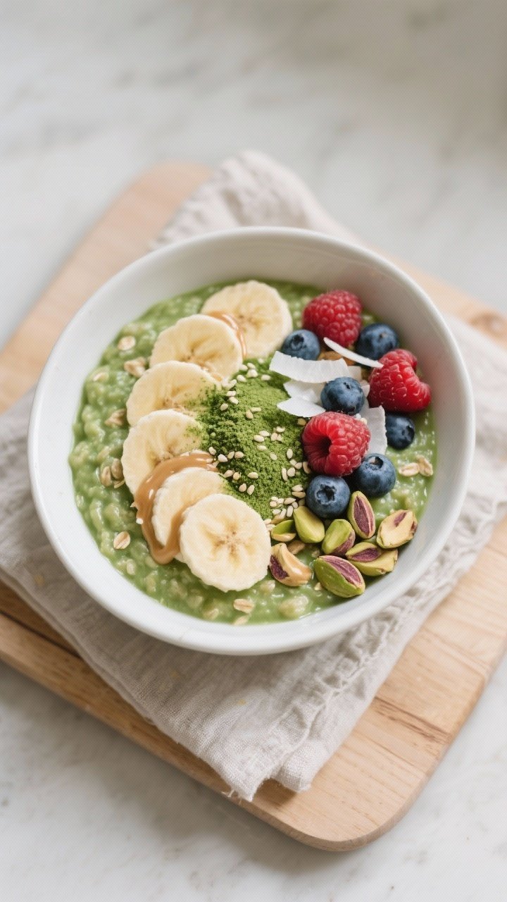 Tasty top view, overhead: Overhead shot of a finished bowl of Matcha Green Tea Oatmeal with a unifor