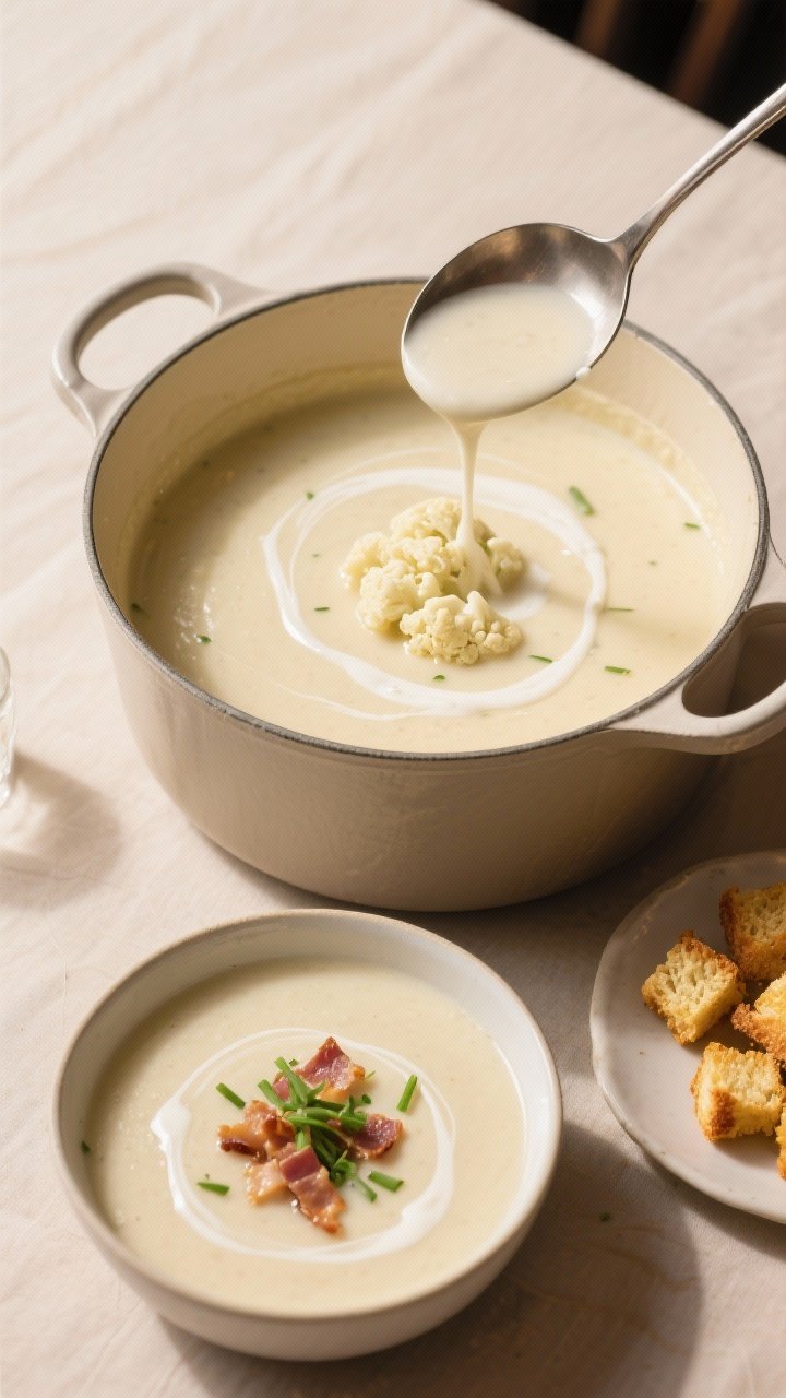 Tasty top view, overhead: Overhead shot of a set table featuring a large pot of blended creamy cauli