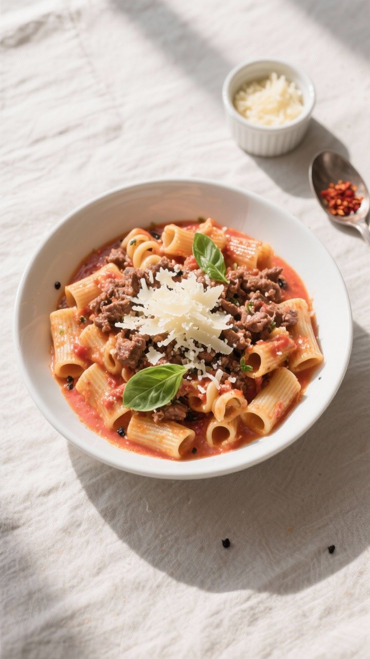 Tasty top view, overhead: Overhead shot of short pasta (rigatoni/rotini) tossed in a rich, rosy toma