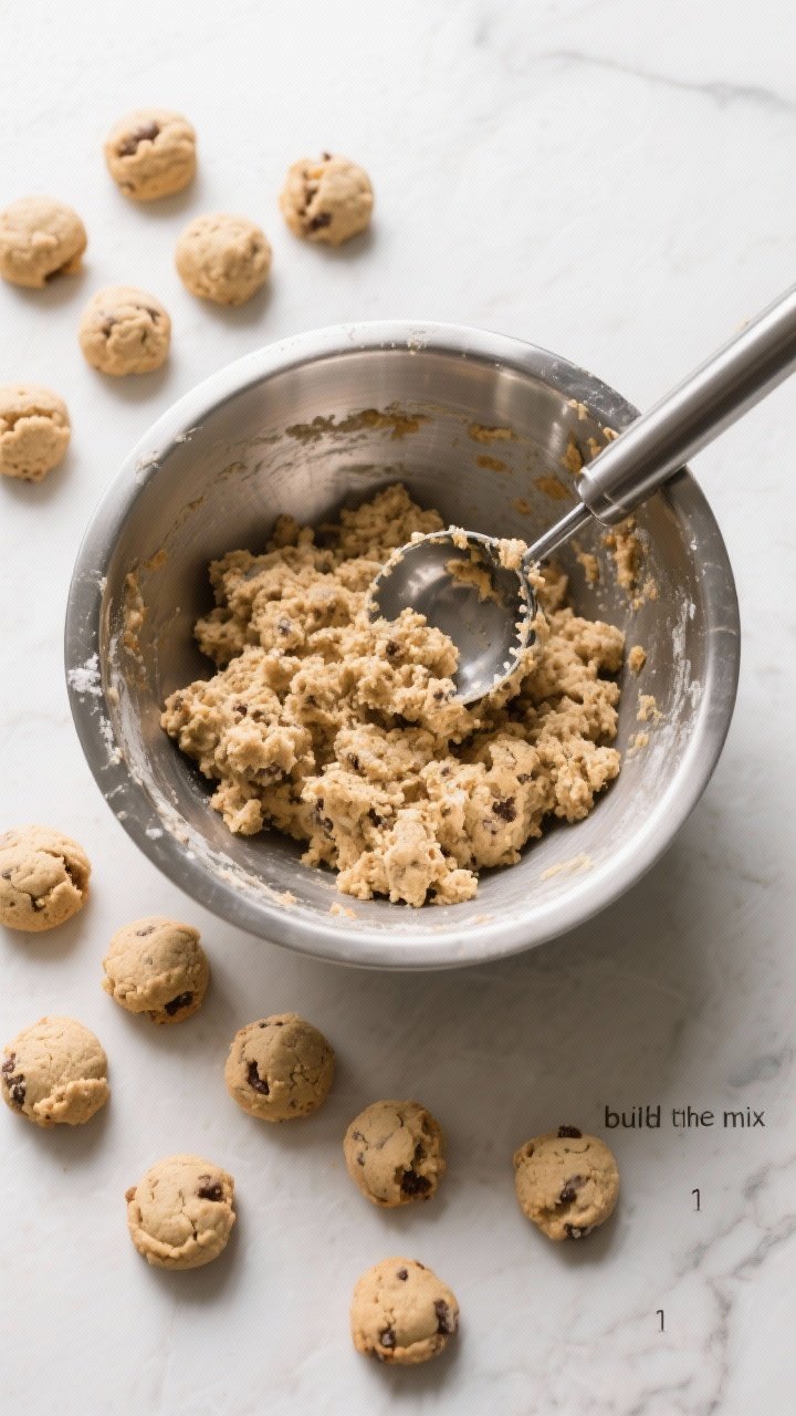 Tasty top view (overhead process): Overhead shot of the “build the mix” stage with the finished,