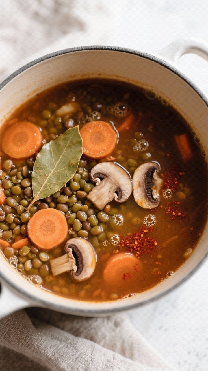 Tasty top view, overhead shot: Mushroom, Carrot & Lentil Country Soup at a steady simmer, overhead v
