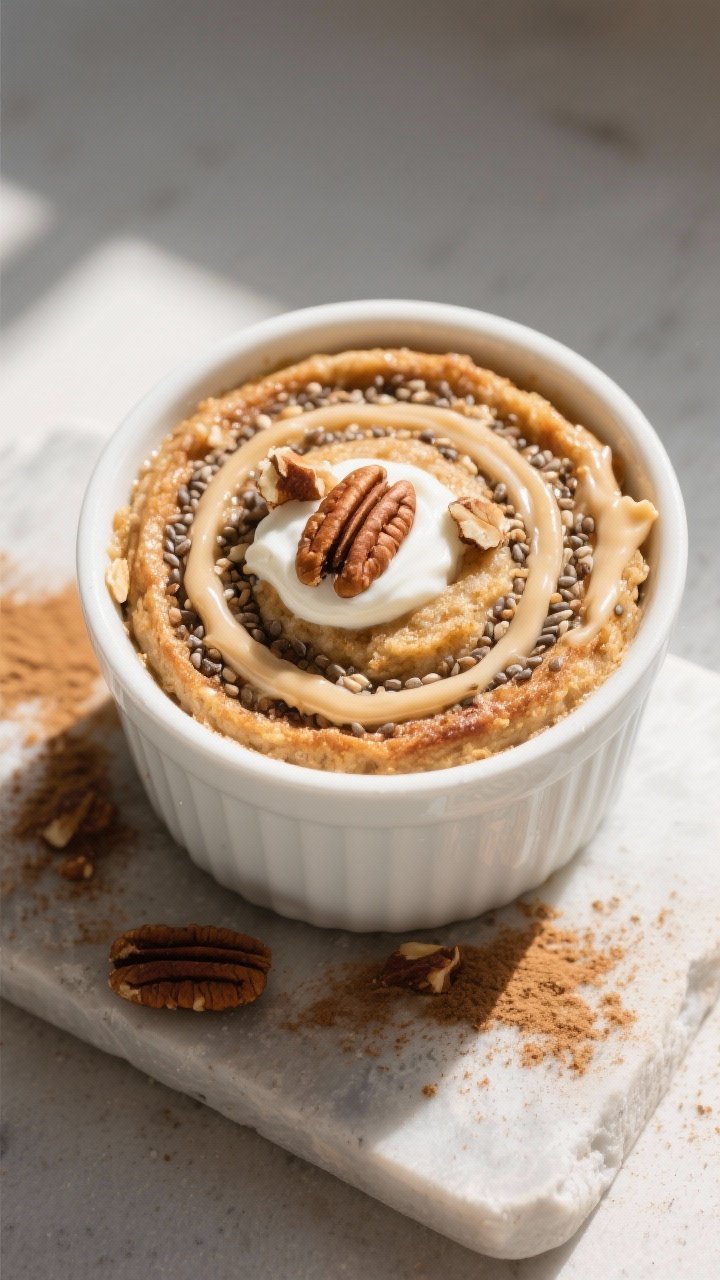 Tasty top view: Overhead shot of a 10–12 oz white ramekin filled with cinnamon swirl baked oats, c