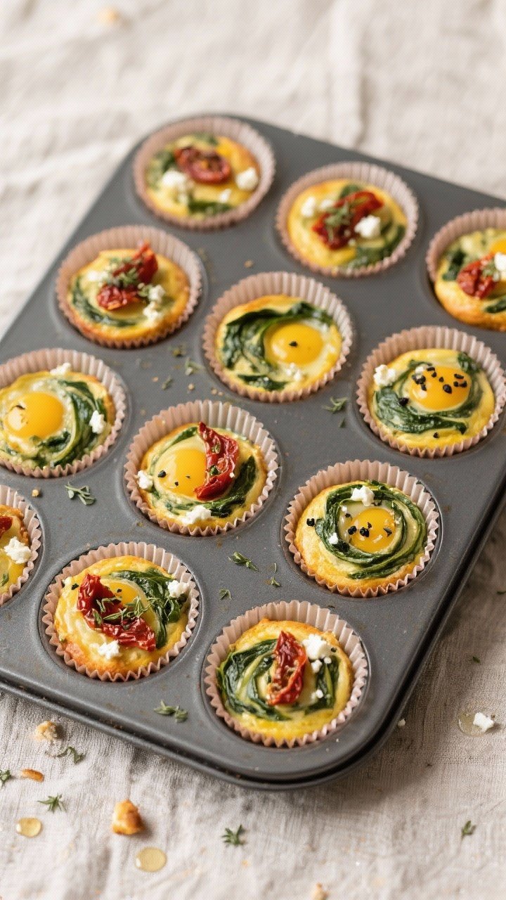 Tasty top view: Overhead shot of a 12-cup muffin tin filled with set, just-barely-golden egg muffins