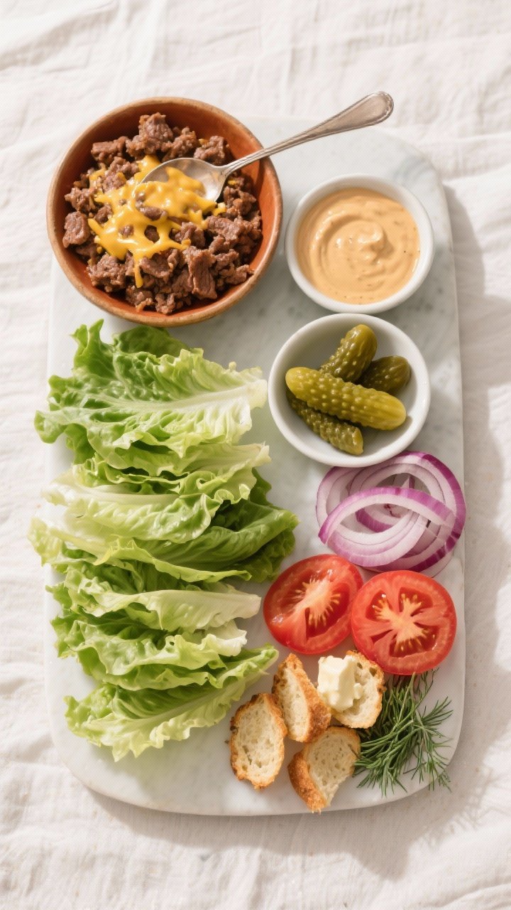 Tasty top view — Overhead shot of a DIY build platter: neat stacks of large, dry lettuce leaves, a
