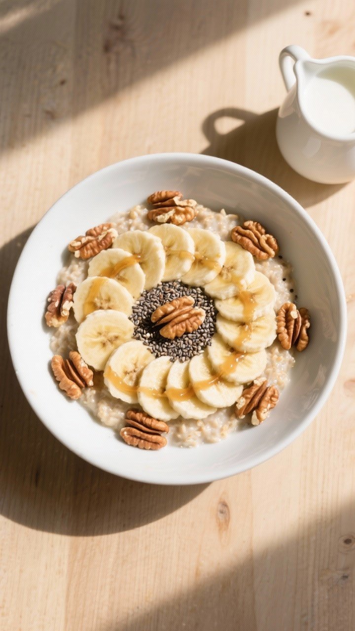 Tasty top view: Overhead shot of a finished bowl of Banana Walnut Bran Oatmeal styled for serving—