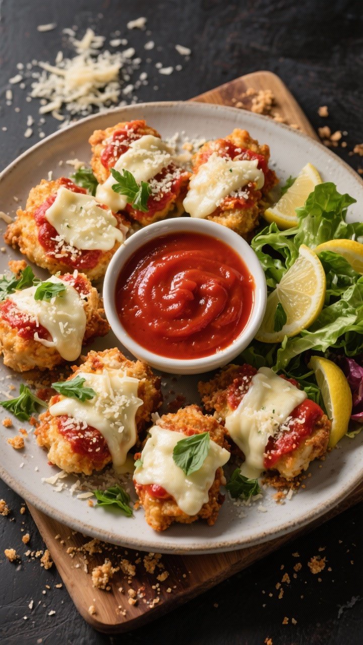 Tasty top view: Overhead shot of a game-night platter piled with mini Chicken Parmesan bites arrange