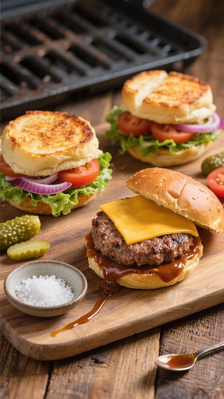 Tasty top view: Overhead shot of a grill-to-board assembly scene—two rested patties with melted Sw
