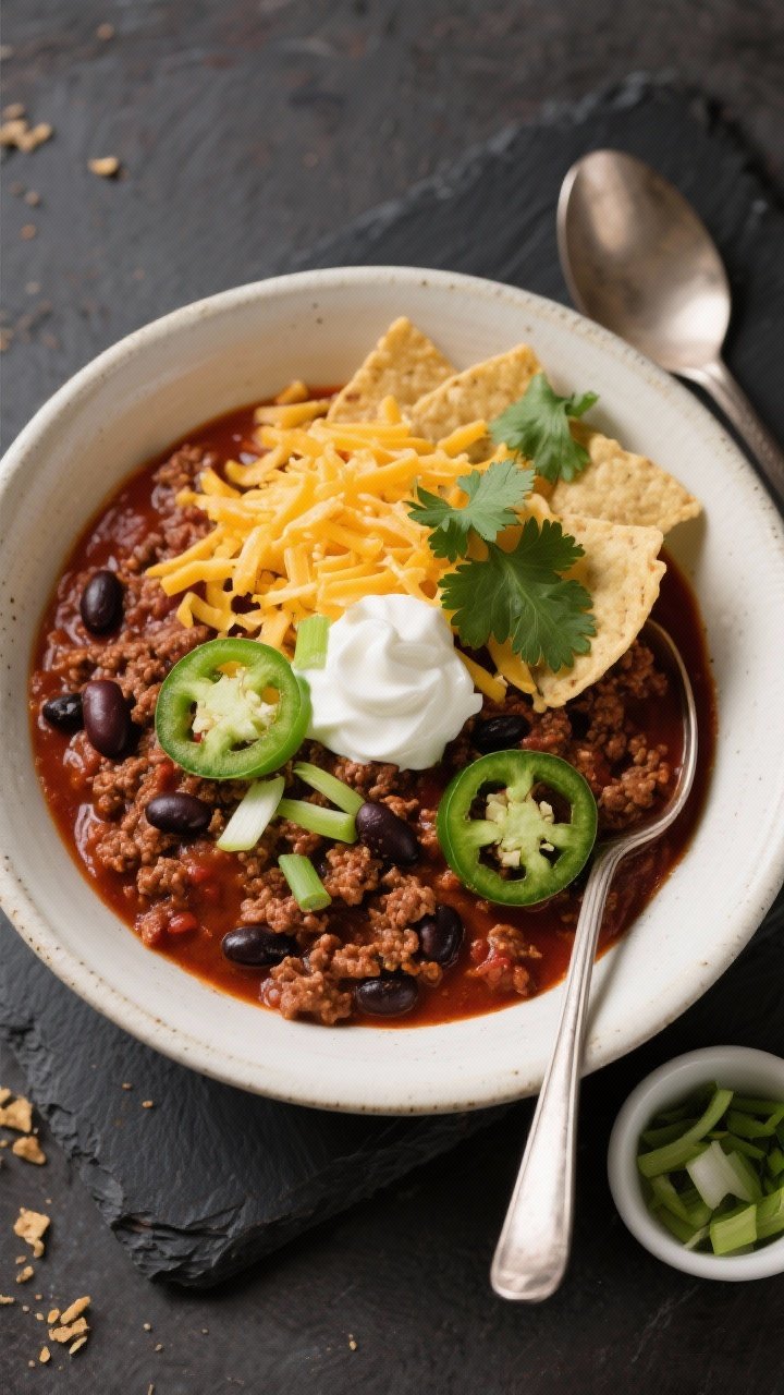 Tasty top view: Overhead shot of a hearty bowl of finished ground beef chili, thick and chunky with