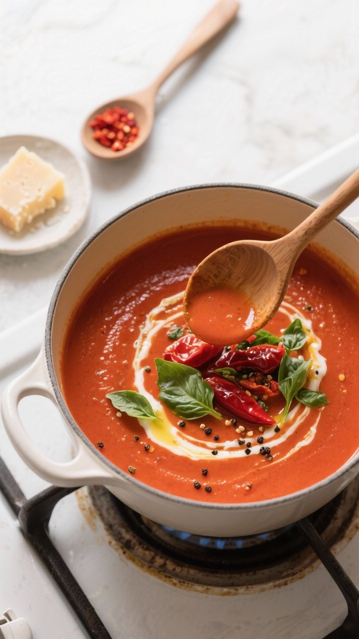 Tasty top view: Overhead shot of a ladle hovering over the pot, dipping into the finished tomato-bas