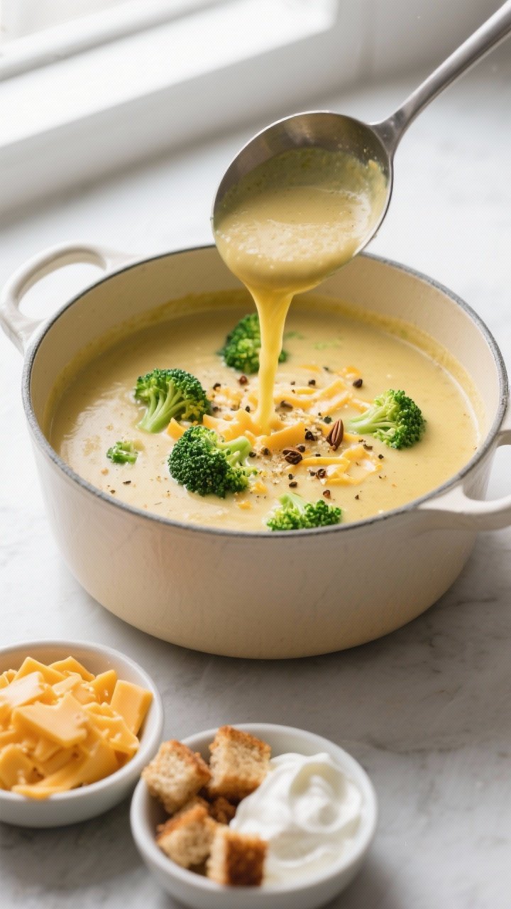 Tasty top view: Overhead shot of a ladle pouring café-smooth broccoli-cheddar soup back into the po