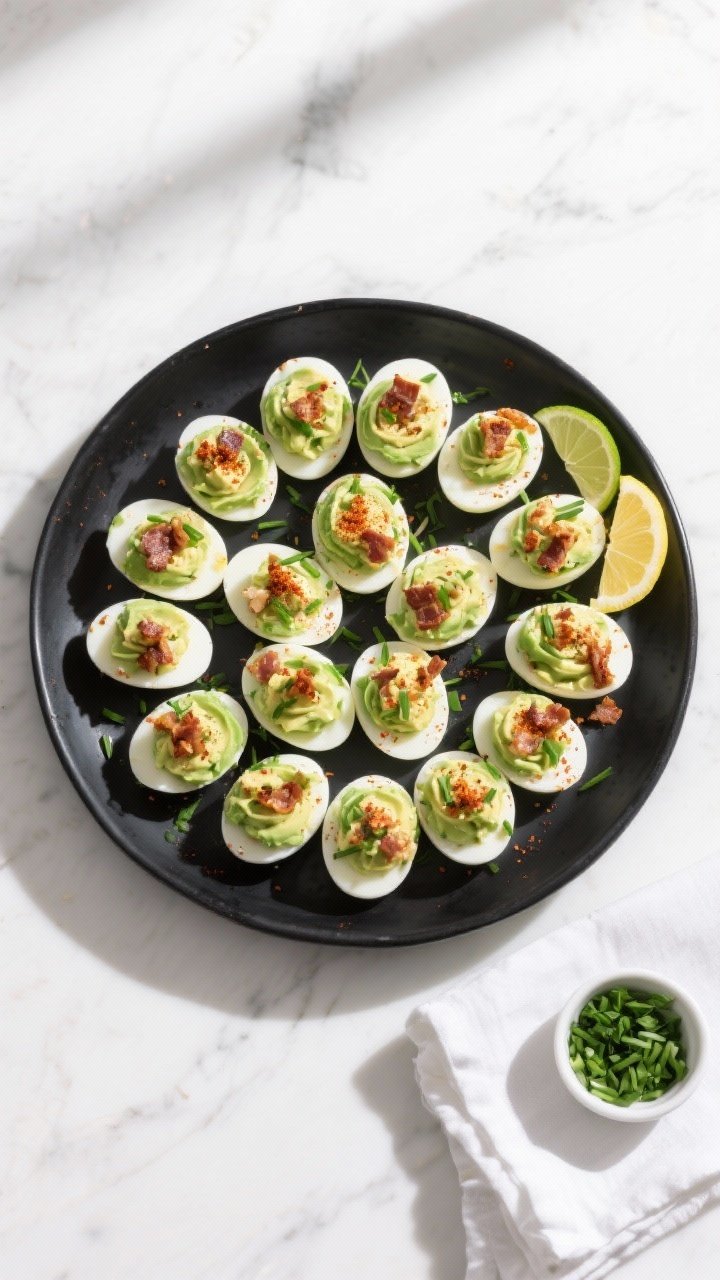 Tasty top view: Overhead shot of a party platter of Avocado Deviled Eggs neatly arranged in concentr