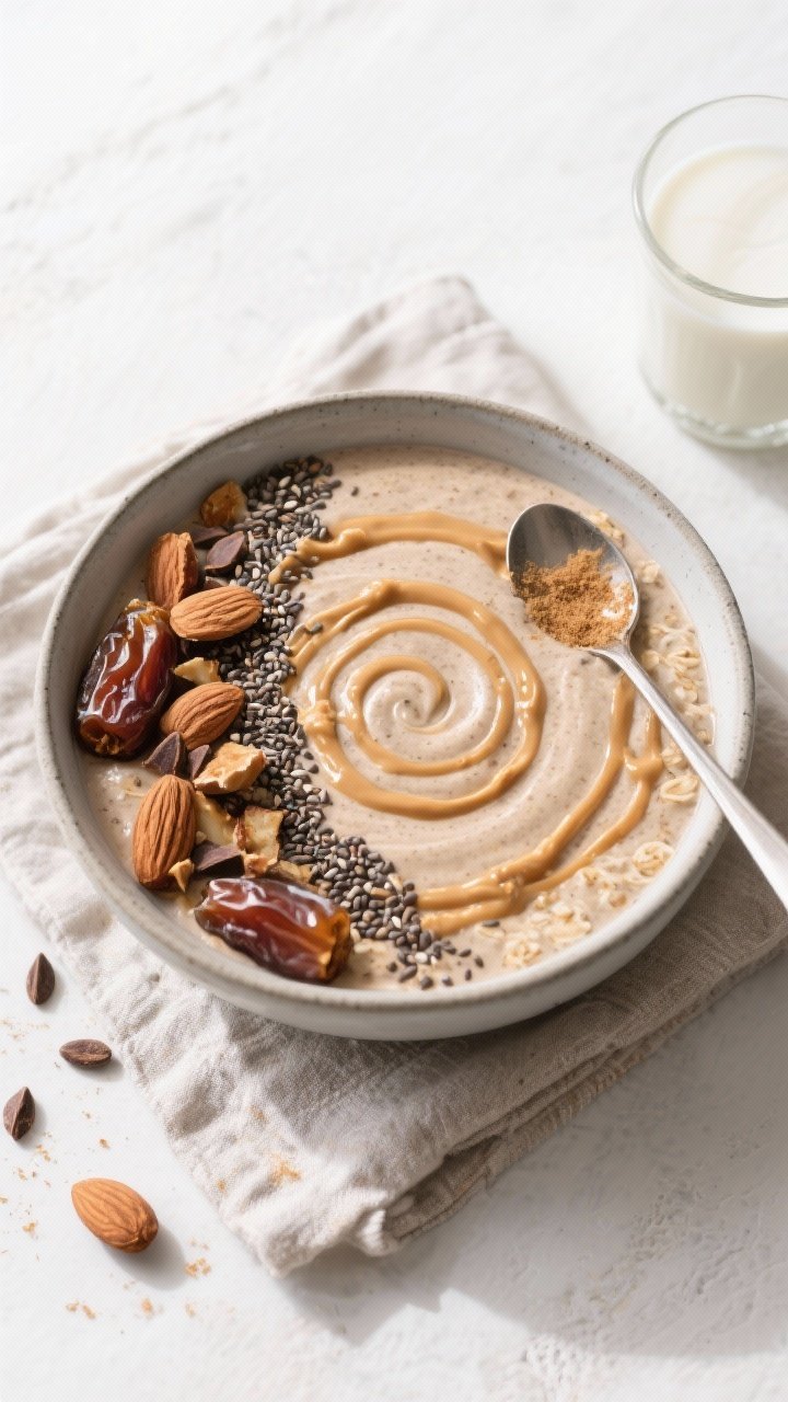 Tasty top view: Overhead shot of a spoonable smoothie bowl version of the High Fiber Oatmeal Smoothi