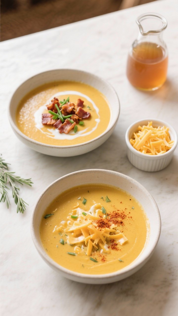 Tasty top view: Overhead shot of a tablescape featuring two bowls of the finished soup at slightly d