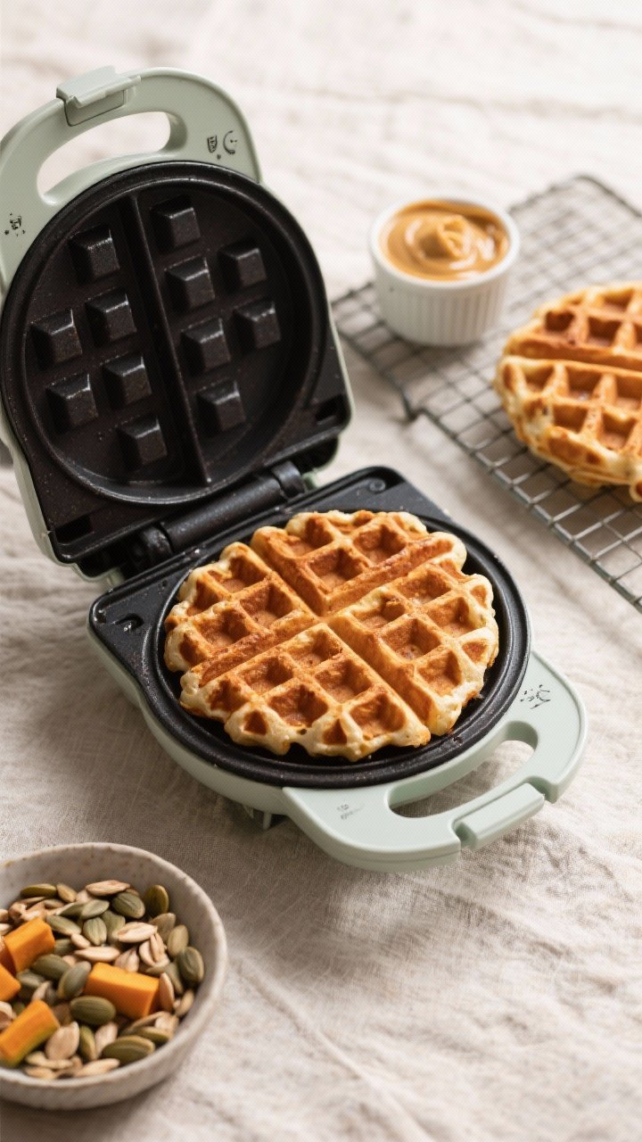 Tasty top view: Overhead shot of a waffle maker open to reveal a perfectly cooked, deeply golden waf
