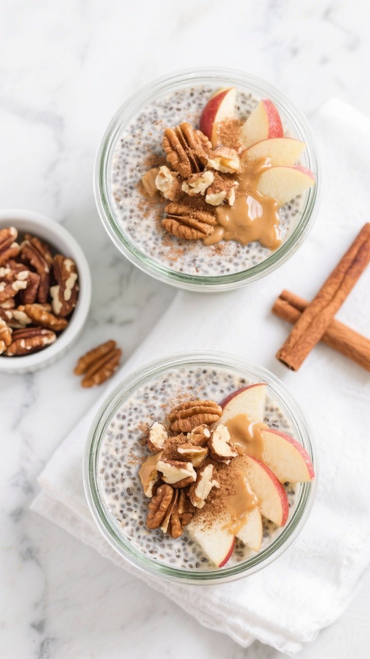 Tasty top view: Overhead shot of assembled Apple Cinnamon Chia Seed Pudding in two meal-prep jars on
