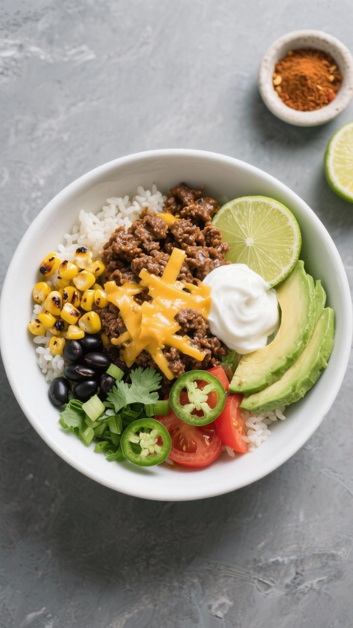 Tasty top view: Overhead shot of assembled Ground Beef Taco Bowl—base of fluffy lime-cilantro rice