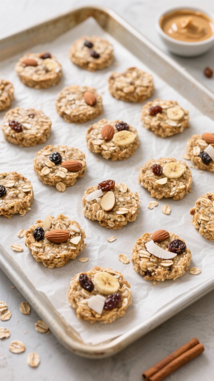 Tasty top view: Overhead shot of Banana Oat Snack Clusters arranged in uniform tablespoon-sized disc