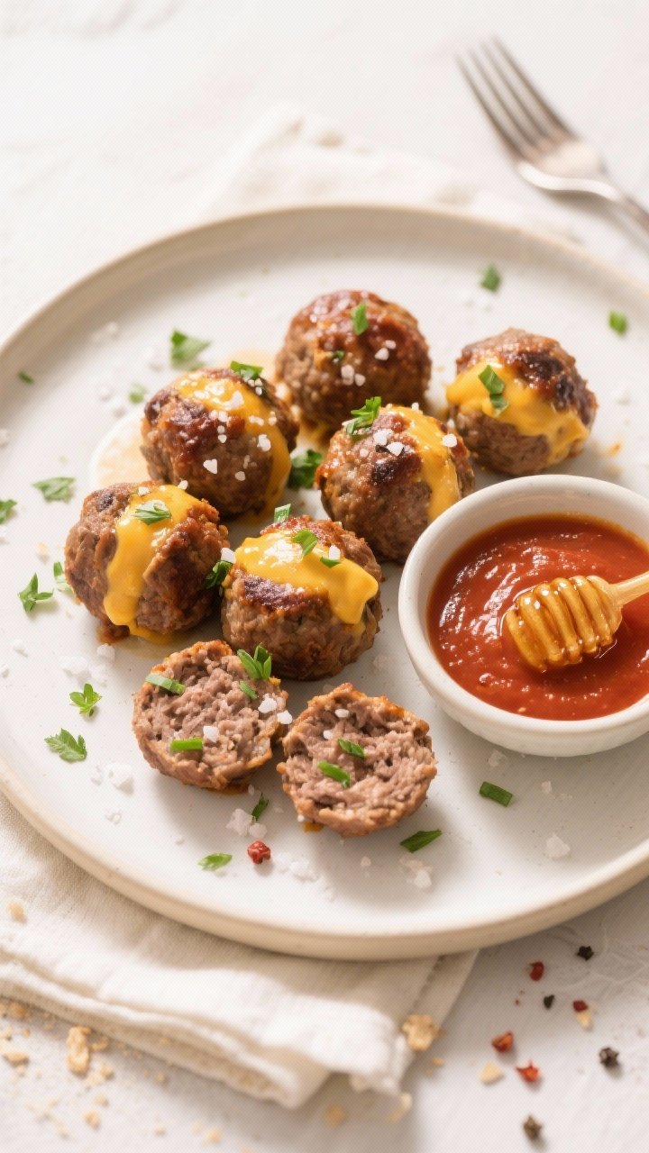 Tasty top view: Overhead shot of beef & cheddar stuffed meatballs arranged on a warm white ceramic p