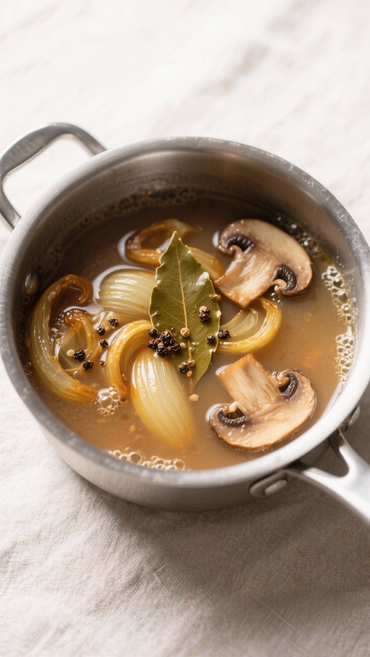 Tasty top view: Overhead shot of caramelized onion and mushroom soup simmering in a wide stainless p