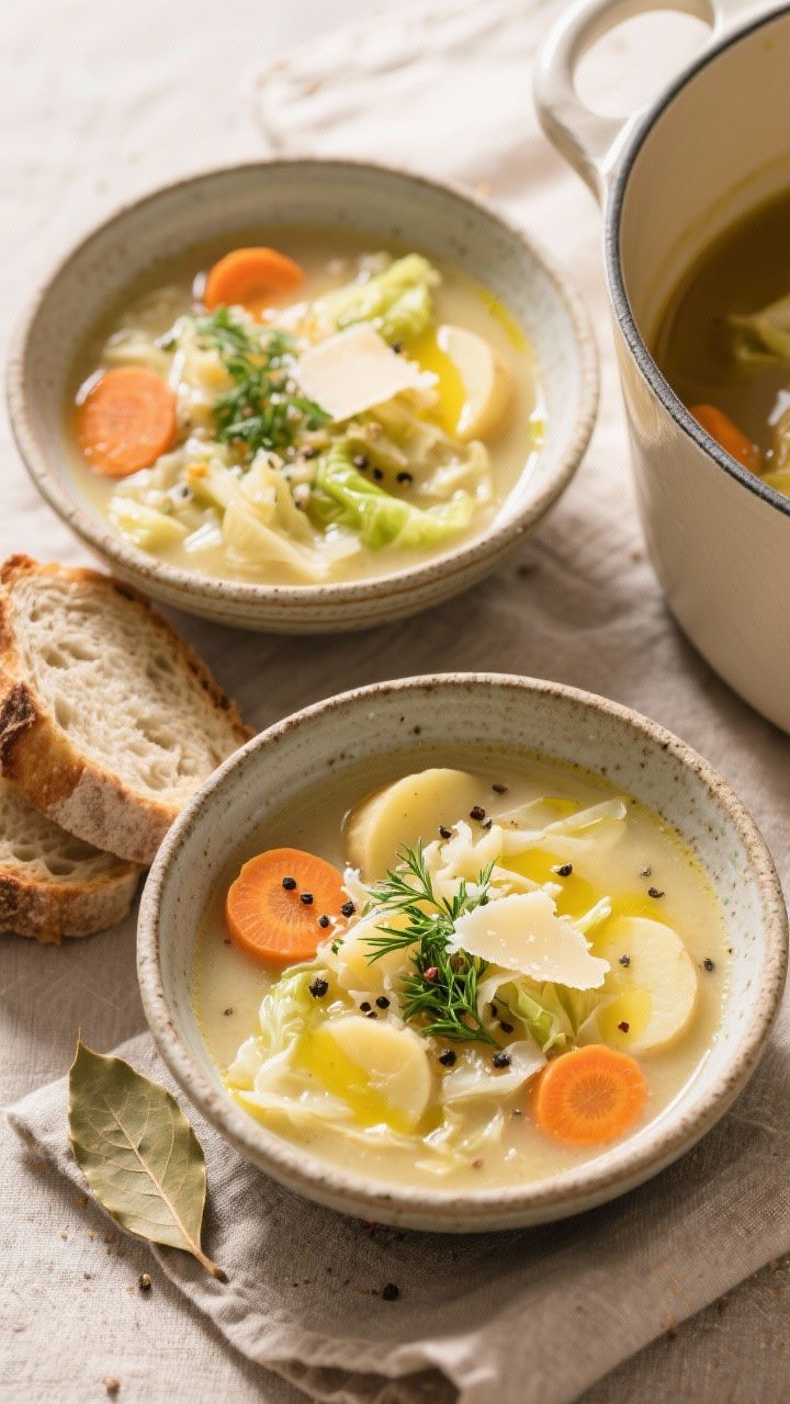 Tasty top view: Overhead shot of Cozy Cabbage and Potato Soup ladled into rustic ceramic bowls, fini